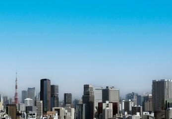東京の街並みと東京タワー、上空撮影、東京のビル群