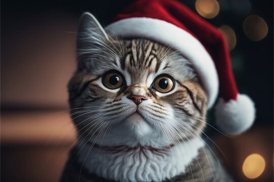  Cat in Christmas hat amid Christmas background created with generative AI technology