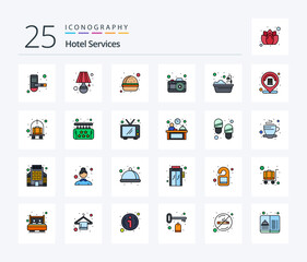 Hotel Services 25 Line Filled icon pack including hotel. bath. burger. picture. camera