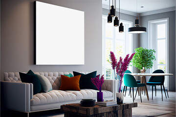 Mockup horizontal frame living room home interior couch furniture elegant style. Generative AI