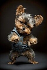 A Yorkshire terrier doing martial arts 