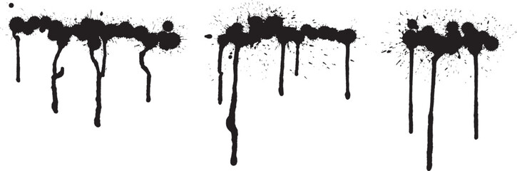 Set of black realistic paint or ink shapes with smudges, blots and drops.
