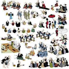 ゆるかわな昔の日本人のイラスト　ゆるくてかわいい和風の絵　浮世絵　戯画