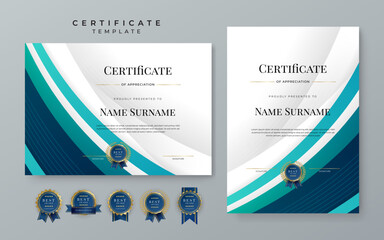 Blue gradient modern certificate template. Blue certificate of achievement template with badge for award, diploma, achievement, business, honor, elegant, document template