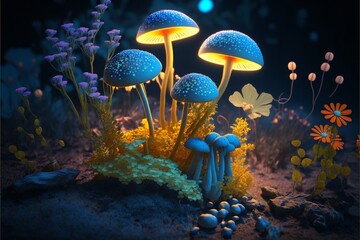 Fototapeta na wymiar Blue and yellow glowing mushrooms in the dark created with generative AI technology. High quality illustration