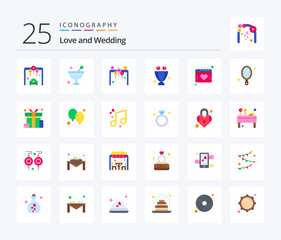 Wedding 25 Flat Color icon pack including calendar. present. entrance. flowers. flowers