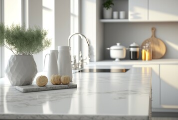 illustration white kitchen, bright, modern, with windows, image generated by AI.