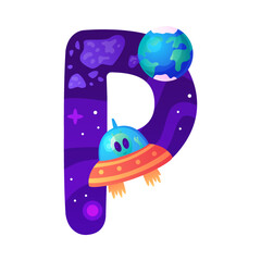 Space Letter P as Font and Alphabet Capital Bold Figure with Ufo Shuttle Vector Illustration