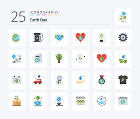 Earth Day 25 Flat Color icon pack including day. world. gas station. globe. green