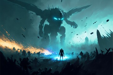 Huge and epic sci-fi battle, digital painting style, generative AI