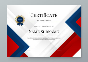 Blue and red certificate of achievement template with gold badge and border