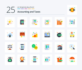 Taxes 25 Flat Color icon pack including bag. tax. tax. income tax statement. tax