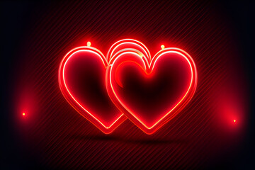 Two neon red hearts background. Valentine's day romantic generative AI illustration