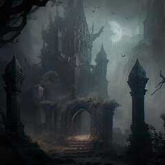 The surroundings of a gloomy Gothic castle in the fog. High quality illustration