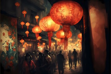 ﻿A group of people walking through a building with lanterns from the ceiling - Generative AI