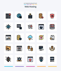 Creative Web Hosting 25 Line FIlled icon pack  Such As programing. add. data storage. storage. server