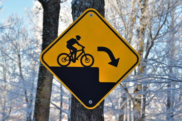 Mountain bike trail, Sudden Drop warning sign, Black and Yellow caution sign