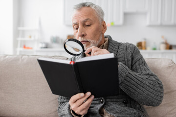 senior man with azheimers disease looking in notebook through magnifier while sitting on couch at...