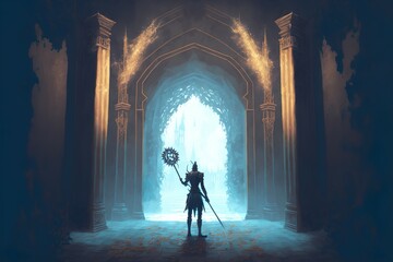 Digital Painting of A Man with a Spear Standing in Front of the Hallway to a Mysterious Castle Generative AI
