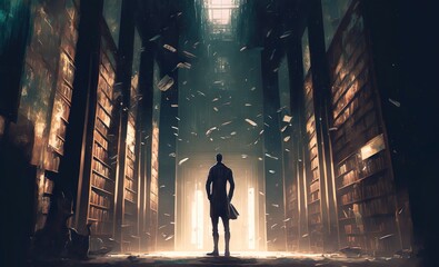 Digital Painting of A Man Standing in a Mysterious Library Generative AI