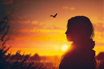 Obraz na płótnie Canvas Digital Painting of A Woman Praying and a Free Bird Enjoying Nature at Sunset Generative AI