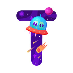 Space Letter T as Font and Alphabet Capital Bold Figure with Ufo Shuttle Vector Illustration