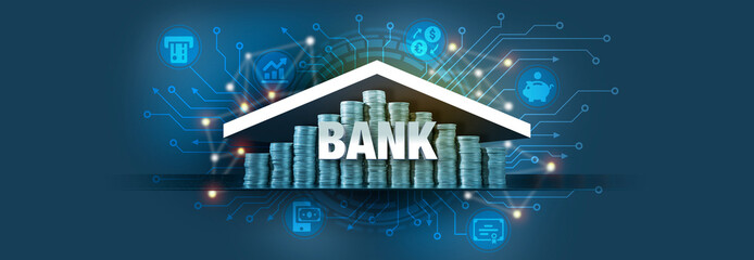 Columns of coins forming the silhouette of a bank building. Banking services concept represented with icons on dark blue background