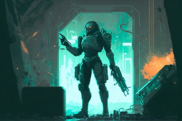 Fototapeta na wymiar Digital Painting of A Super Soldier Holding a Futuristic Gun in a Laboratory Generative AI