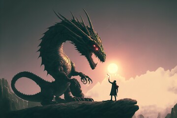 Digital Painting of A Scene of a Wizard Reaching Out to His Dragon on a Rock Generative AI