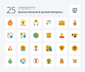 Business Elements And Symbols Metaphors 25 Flat Color icon pack including id. plane. insurance. paper plane. hand