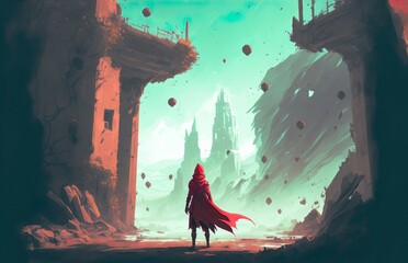 Digital Painting of A Man in a Red Robe Gazing at the Ruins of a Building in a Fantasy Land Generative AI