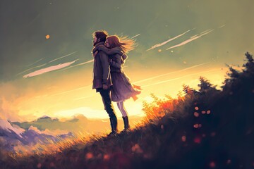 Digital Painting of A Couple Embracing in Love on a Hill Generative AI