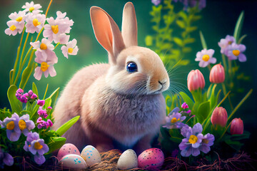 Baby rabbit sitting behind decorated easter eggs and colorful spring flowers, Generative AI