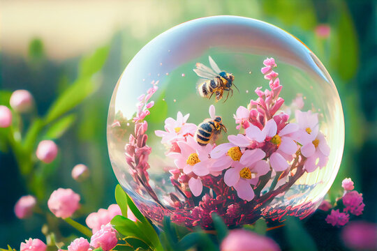Spring glass orb with flowers and honey bees, Generative AI