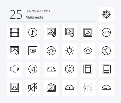Multimedia 25 Line icon pack including html. brackets. selected. picture. image