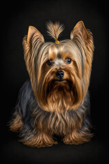 Generative AI of an illustration of a full body yorkshire terrier dog in photographic studio, realistic image with black background