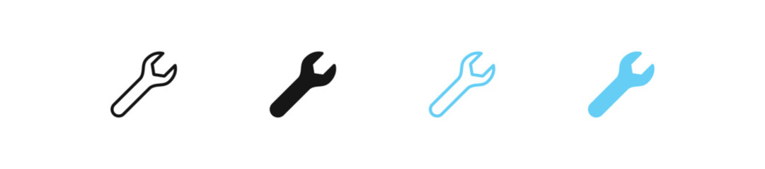 Wrench icon. Spanner symbol. Repair signs. Key tool for mechanic symbols. Mechanical support icons. Black and blue color. Vector sign.