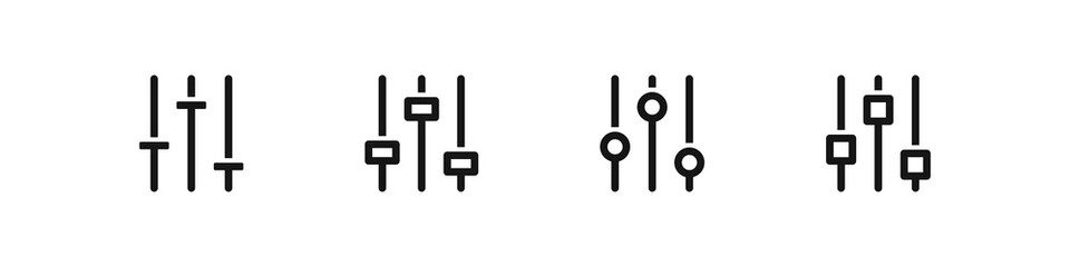 Sound mixer icon. Volume control symbol. Balance audio signs. Slider symbols. Music setting level icons. Black color. Vector sign.
