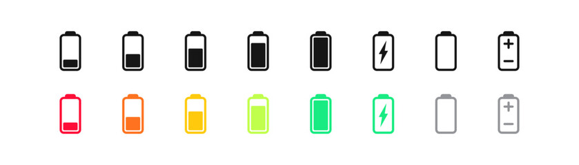 Battery icon. Power symbol. Energy signs. Charge symbols. Full, low, empty icons. Accumulator plus and minus. Black and flat color. Vector sign.