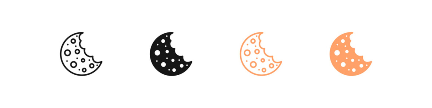 Сookie icon. Bite biscuit symbol. Snack signs. Cookies file symbols. Dessert icons. Food progress. Black and orange color. Vector sign.