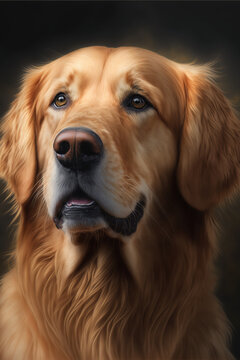 Generative AI illustration of a golden retriever dog, realistic image with a black background