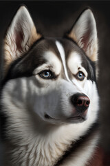 Generative AI of an illustration of a beautiful siberian husky purebred dog in photo studio, realistic image with black background