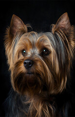 Naklejka premium Generative AI of a portrait illustration of a yorkshire terrier dog in photographic studio, realistic image with black background