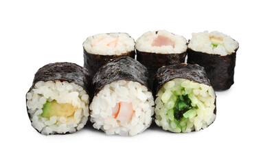 Delicious fresh sushi rolls on white background