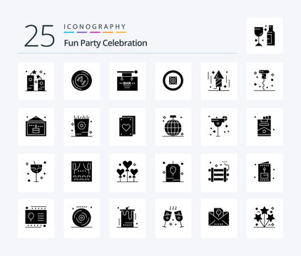 Party 25 Solid Glyph icon pack including party. boom box. player. sign. celebration