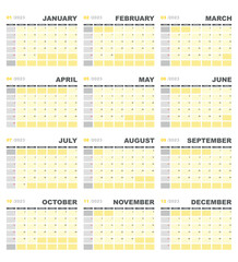 Calendar for 2023 in yellow and gray colors. Week starts on sunday.
