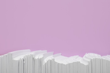 White paper sheets on violet background, flat lay. Space for text