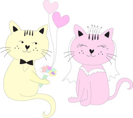 Bride and bridegroom cats cartoon vector. Love and Valentine concept on png background