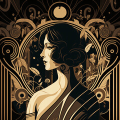 black and gold art deco illustration of a woman Generative Ai