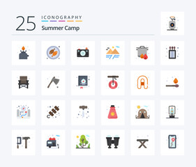 Summer Camp 25 Flat Color icon pack including cooking. camping. camera. boil. cloud